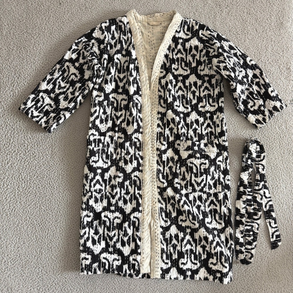 Kantha Quilted Robe Jacket Black White Ikat Print Cotton Duster with Belt OS